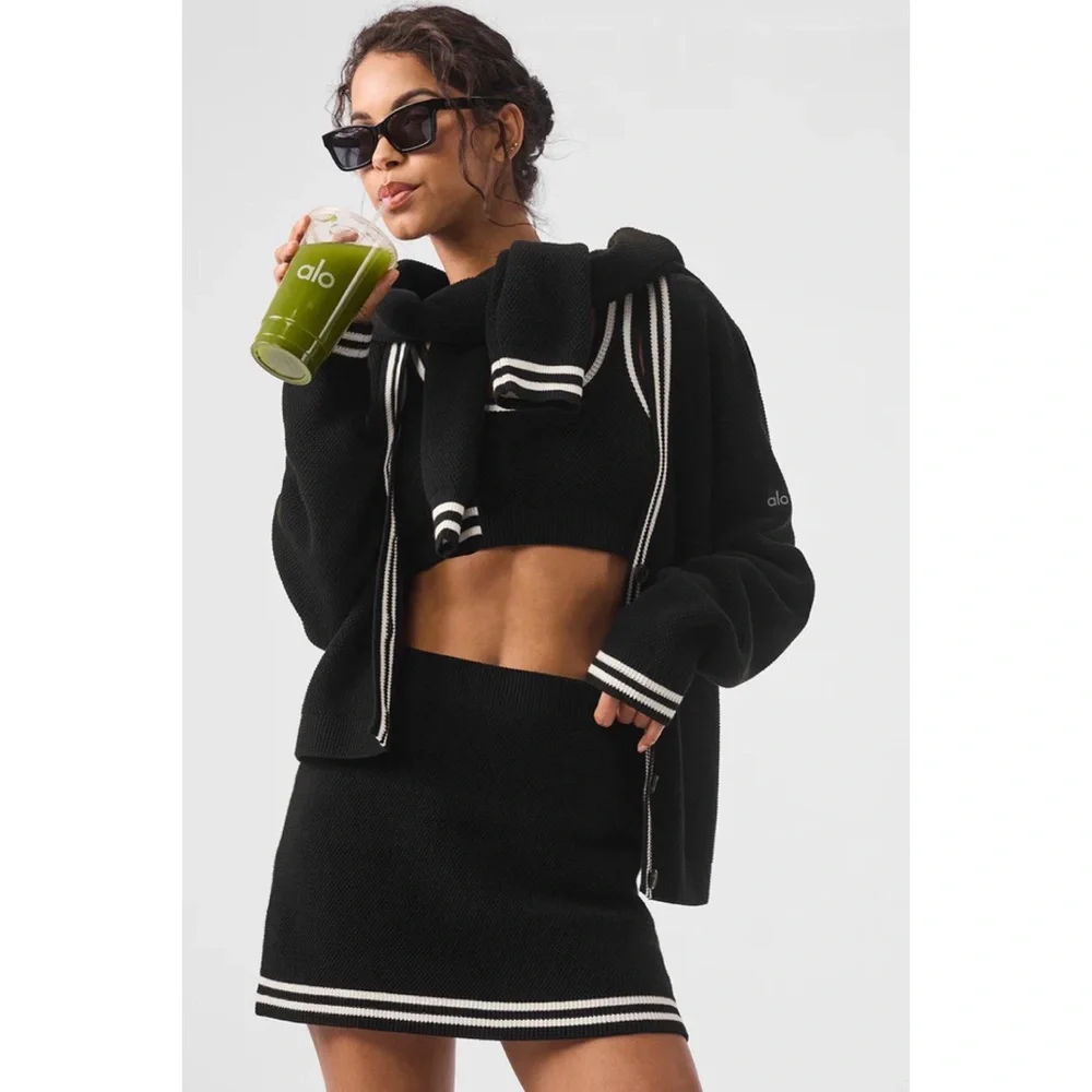 Alo Yoga Tennis Club Sweater Knit Skirt Black/Ivory S
